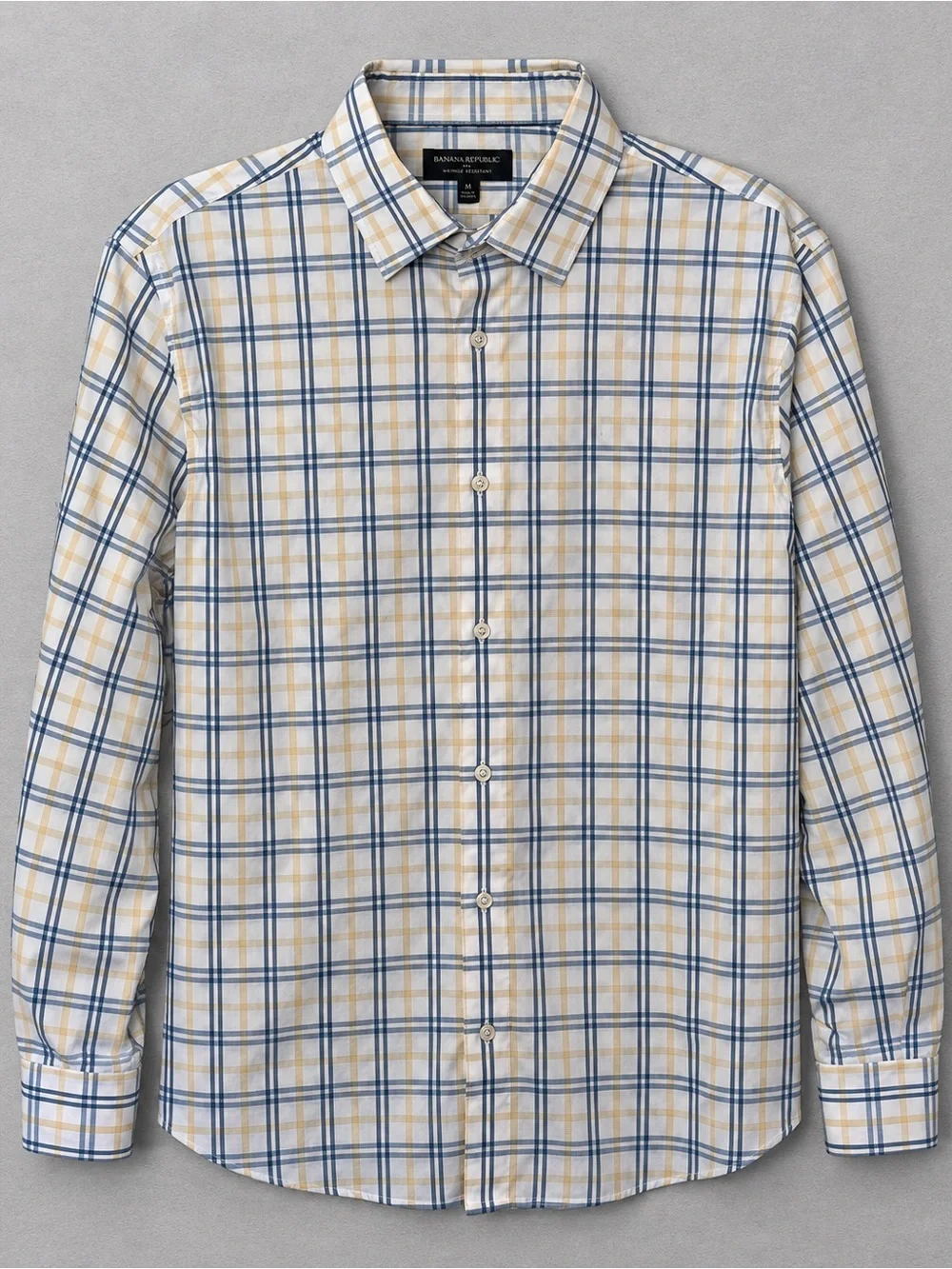 Banana Republic Men's Blue and Yellow Plaid Dress Shirt